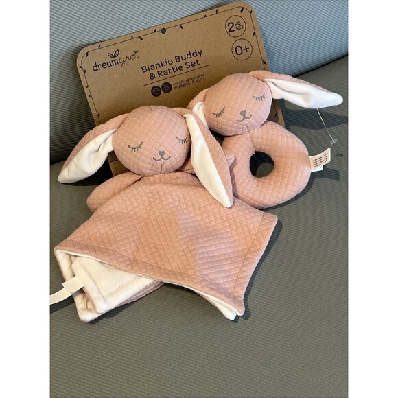 Dream Gro Pink Bunny Lovey Rattle Set Baby Security Blanket Embroidered 2 Pc New - Picture 4 of 4